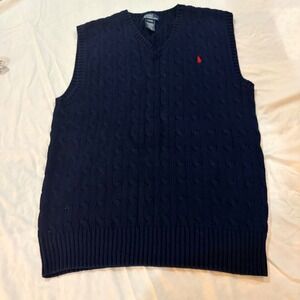 Polo Ralph Lauren Boys Navy Blue Cable Knit Cotton Sweater Vest L 14-16 Red Pony